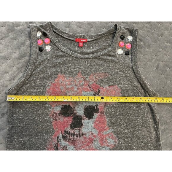 Bongo Women's Gray Sleeveless Tank w/ Floral Skull Jewels 1X High Low Pink Black - Picture 2 of 12